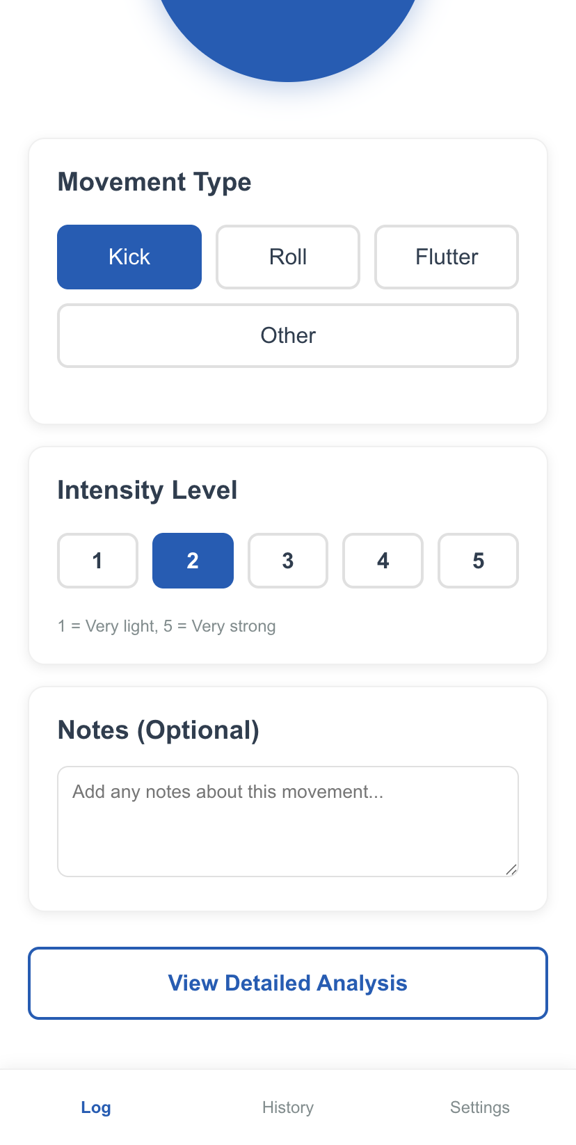 Prototype screen showing the movement logging interface.